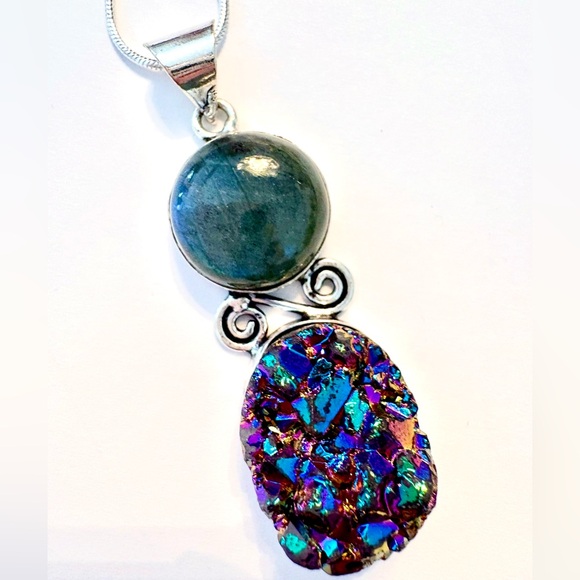 Jewelry - 2 inch, Titanium Druzy and Fiery Labradorite pendant on a silver chain.